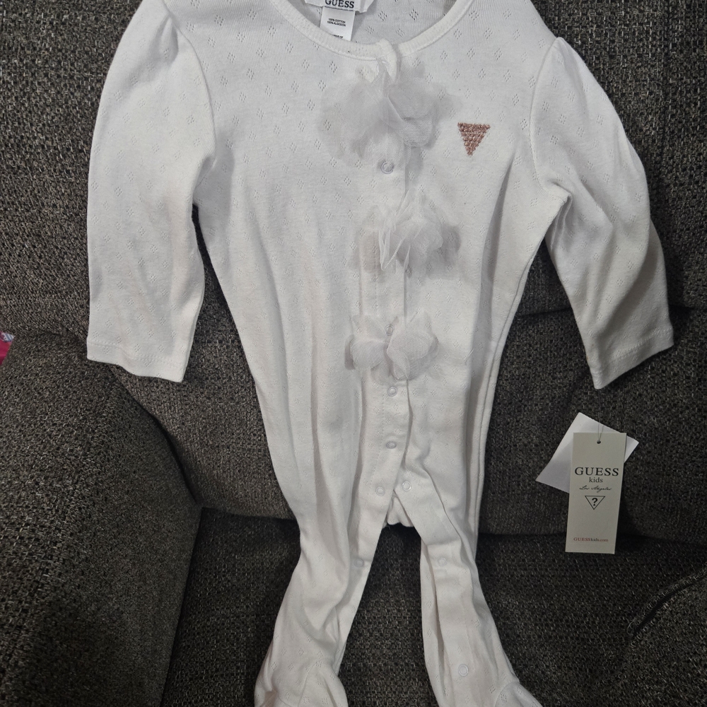 GUESS White Infant Footie with Tulle Flower Accents